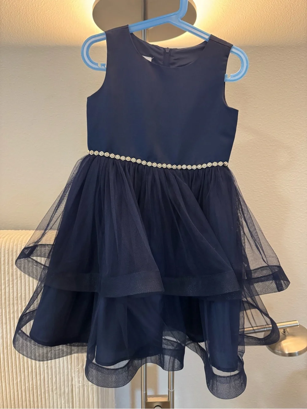 Girl Navy Tulle Party Dress with Ivory Faux Fur Bolero - 6-7